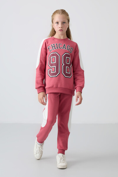 Tommylife Wholesale 7-15 Age Crew Neck Standard Fit Girls Tracksuit Set 75170 Wild Rose - Thumbnail