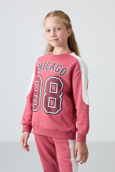 Tommylife Wholesale 7-15 Age Crew Neck Standard Fit Girls Tracksuit Set 75170 Wild Rose - Thumbnail