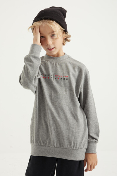 Tommylife Wholesale 7-15 Age Crew Neck Standard Fit Printed Boys' Sweatshirt 11026 Gray Melange - Thumbnail