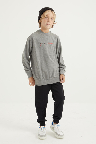 Tommylife Wholesale 7-15 Age Crew Neck Standard Fit Printed Boys' Sweatshirt 11026 Gray Melange - Thumbnail