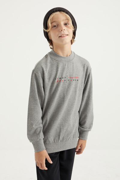 Tommylife Wholesale 7-15 Age Crew Neck Standard Fit Printed Boys' Sweatshirt 11026 Gray Melange - Thumbnail