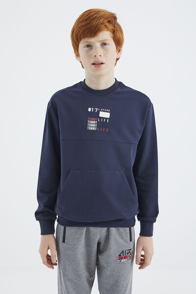 Tommylife Wholesale 7-15 Age Crew Neck Standard Fit Printed Boys' Sweatshirt 11175 Indigo - Thumbnail