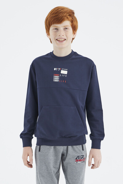 Tommylife Wholesale 7-15 Age Crew Neck Standard Fit Printed Boys' Sweatshirt 11175 Indigo - Thumbnail