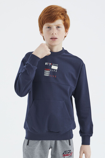 Tommylife Wholesale 7-15 Age Crew Neck Standard Fit Printed Boys' Sweatshirt 11175 Indigo - Thumbnail