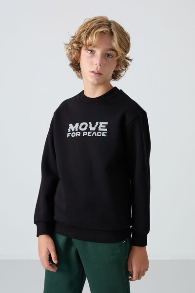 Tommylife Wholesale 7-15 Age Crew Neck Standard Fit Printed Boys' Sweatshirt 11216 Black - Thumbnail