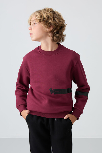 Tommylife Wholesale 7-15 Age Crew Neck Standard Fit Printed Boys' Sweatshirt 11238 Bordeaux - Thumbnail