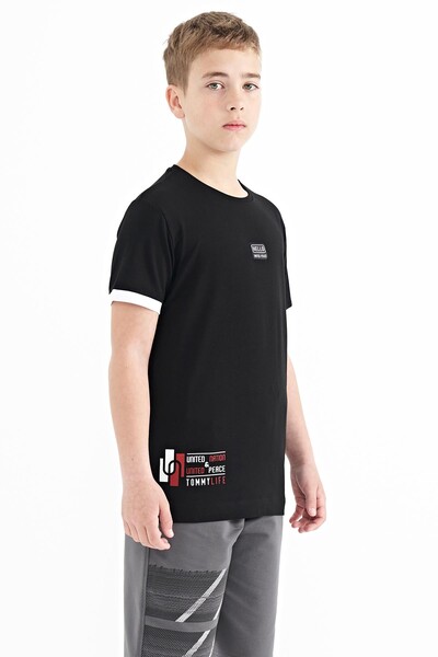 Tommylife Wholesale 7-15 Age Crew Neck Standard Fit Printed Boys' T-Shirt 11097 Black - Thumbnail