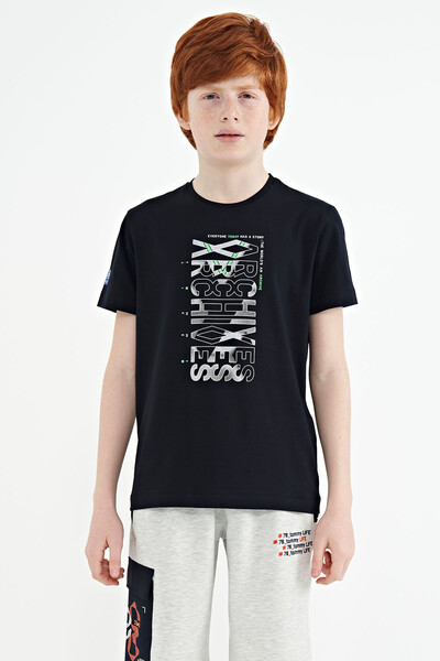 Tommylife Wholesale 7-15 Age Crew Neck Standard Fit Printed Boys' T-Shirt 11099 Navy Blue - Thumbnail
