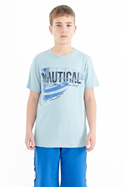 Tommylife Wholesale 7-15 Age Crew Neck Standard Fit Printed Boys' T-Shirt 11100 Light Blue - Thumbnail