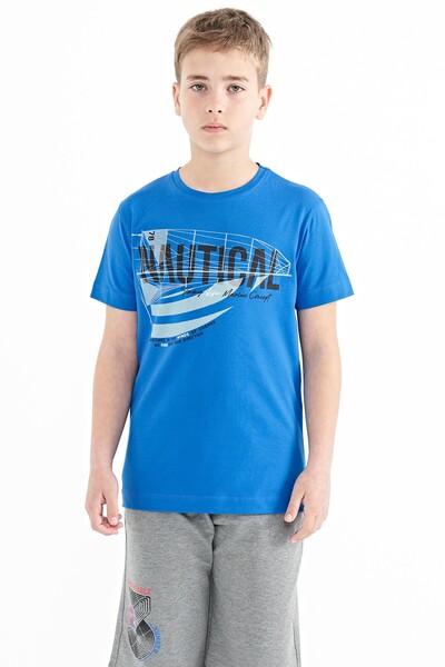 Tommylife Wholesale 7-15 Age Crew Neck Standard Fit Printed Boys' T-Shirt 11100 Saxe - Thumbnail