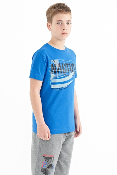 Tommylife Wholesale 7-15 Age Crew Neck Standard Fit Printed Boys' T-Shirt 11100 Saxe - Thumbnail