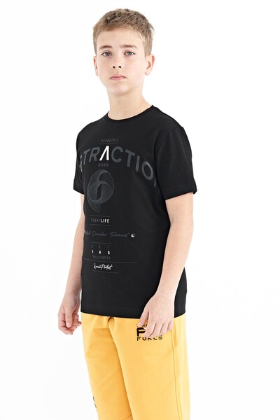 Tommylife Wholesale 7-15 Age Crew Neck Standard Fit Printed Boys' T-Shirt 11103 Black - Thumbnail