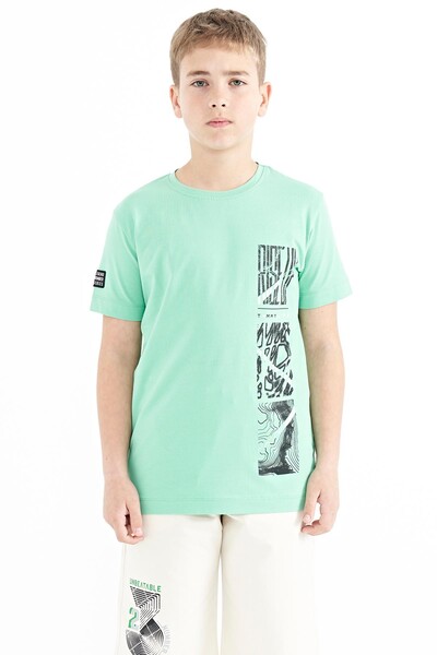 Tommylife Wholesale 7-15 Age Crew Neck Standard Fit Printed Boys' T-Shirt 11104 Aqua Green - Thumbnail