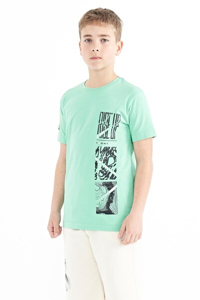 Tommylife Wholesale 7-15 Age Crew Neck Standard Fit Printed Boys' T-Shirt 11104 Aqua Green - Thumbnail