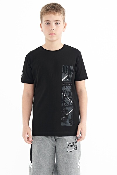 Tommylife Wholesale 7-15 Age Crew Neck Standard Fit Printed Boys' T-Shirt 11104 Black - Thumbnail
