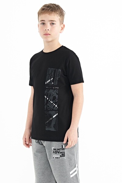 Tommylife Wholesale 7-15 Age Crew Neck Standard Fit Printed Boys' T-Shirt 11104 Black - Thumbnail