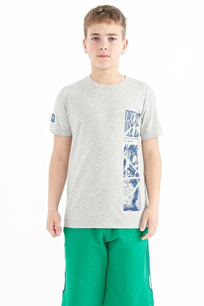 Tommylife Wholesale 7-15 Age Crew Neck Standard Fit Printed Boys' T-Shirt 11104 Gray Melange - Thumbnail