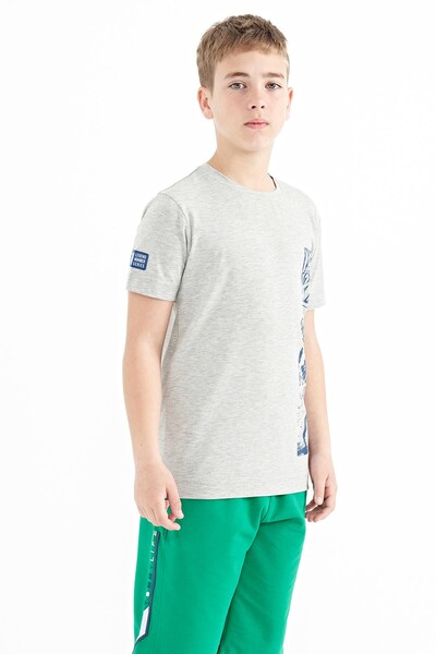 Tommylife Wholesale 7-15 Age Crew Neck Standard Fit Printed Boys' T-Shirt 11104 Gray Melange - Thumbnail