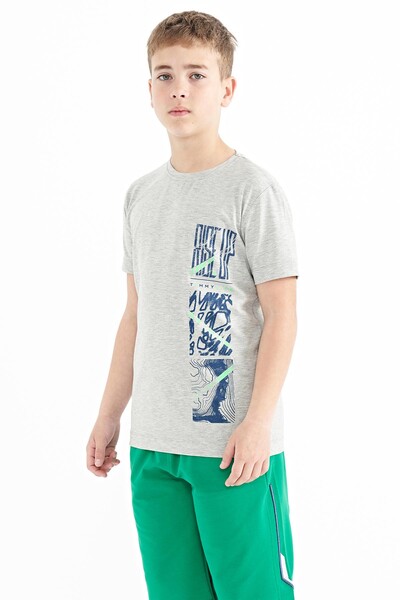 Tommylife Wholesale 7-15 Age Crew Neck Standard Fit Printed Boys' T-Shirt 11104 Gray Melange - Thumbnail