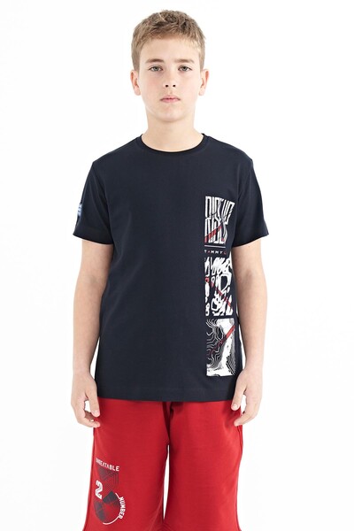 Tommylife Wholesale 7-15 Age Crew Neck Standard Fit Printed Boys' T-Shirt 11104 Navy Blue - Thumbnail