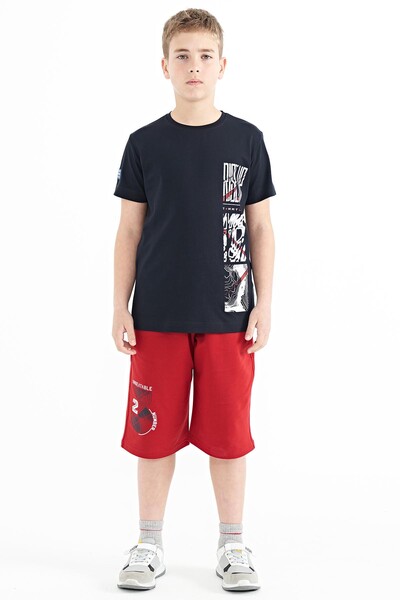 Tommylife Wholesale 7-15 Age Crew Neck Standard Fit Printed Boys' T-Shirt 11104 Navy Blue - Thumbnail