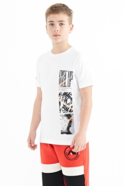 Tommylife Wholesale 7-15 Age Crew Neck Standard Fit Printed Boys' T-Shirt 11104 White - Thumbnail
