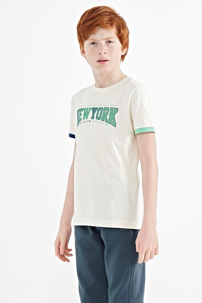 Tommylife Wholesale 7-15 Age Crew Neck Standard Fit Printed Boys' T-Shirt 11105 Ecru - Thumbnail
