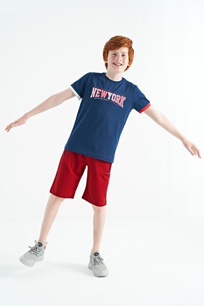 Tommylife Wholesale 7-15 Age Crew Neck Standard Fit Printed Boys' T-Shirt 11105 Indigo - Thumbnail