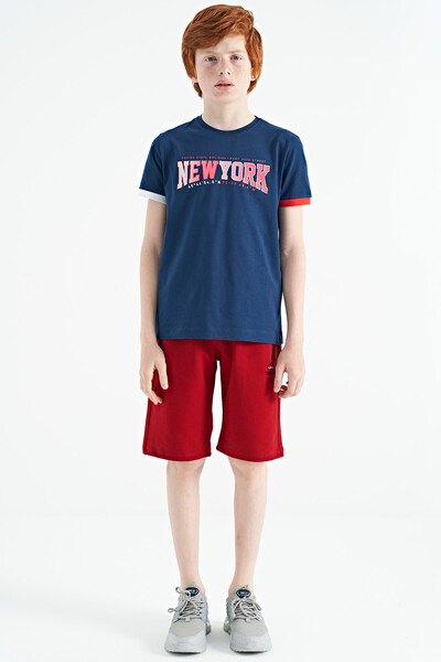 Tommylife Wholesale 7-15 Age Crew Neck Standard Fit Printed Boys' T-Shirt 11105 Indigo - Thumbnail