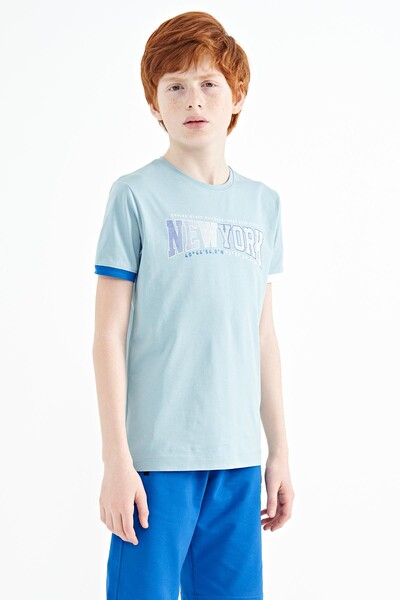 Tommylife Wholesale 7-15 Age Crew Neck Standard Fit Printed Boys' T-Shirt 11105 Light Blue - Thumbnail