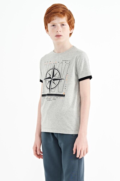 Tommylife Wholesale 7-15 Age Crew Neck Standard Fit Printed Boys' T-Shirt 11106 Gray Melange - Thumbnail