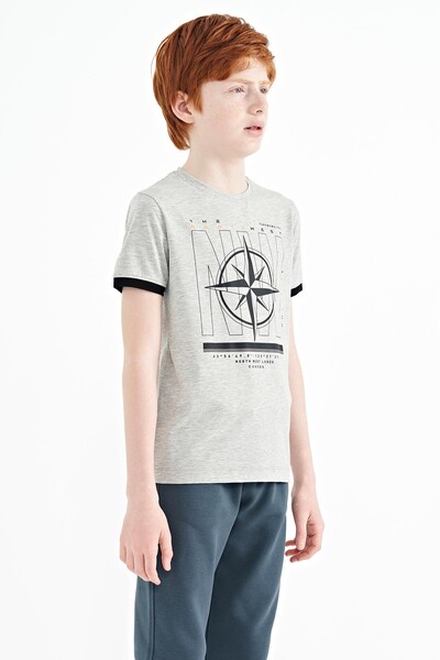 Tommylife Wholesale 7-15 Age Crew Neck Standard Fit Printed Boys' T-Shirt 11106 Gray Melange - Thumbnail