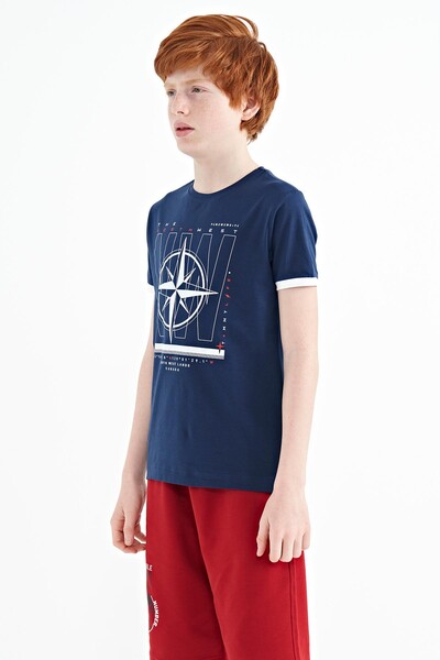 Tommylife Wholesale 7-15 Age Crew Neck Standard Fit Printed Boys' T-Shirt 11106 Indigo - Thumbnail