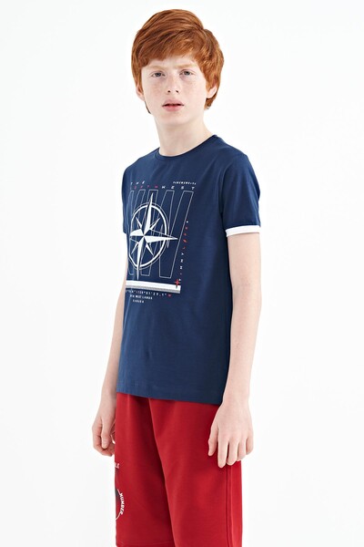 Tommylife Wholesale 7-15 Age Crew Neck Standard Fit Printed Boys' T-Shirt 11106 Indigo - Thumbnail