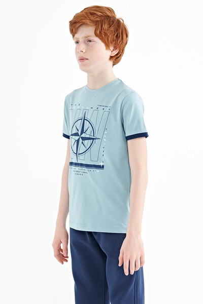 Tommylife Wholesale 7-15 Age Crew Neck Standard Fit Printed Boys' T-Shirt 11106 Light Blue - Thumbnail