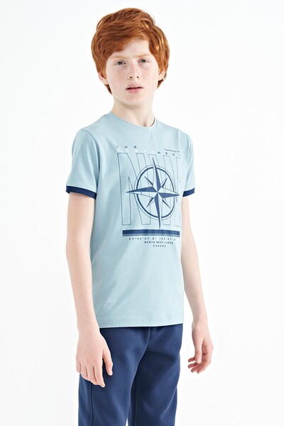 Tommylife Wholesale 7-15 Age Crew Neck Standard Fit Printed Boys' T-Shirt 11106 Light Blue - Thumbnail