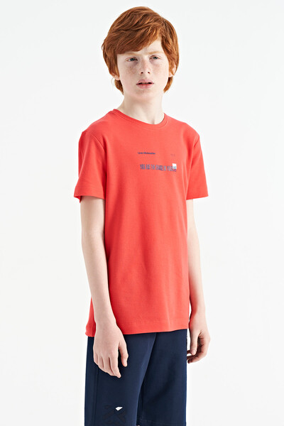 Tommylife Wholesale 7-15 Age Crew Neck Standard Fit Printed Boys' T-Shirt 11117 Coral - Thumbnail