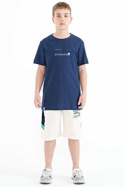 Tommylife Wholesale 7-15 Age Crew Neck Standard Fit Printed Boys' T-Shirt 11117 Indigo - Thumbnail