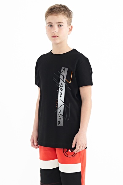 Tommylife Wholesale 7-15 Age Crew Neck Standard Fit Printed Boys' T-Shirt 11119 Black - Thumbnail