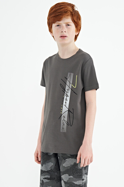 Tommylife Wholesale 7-15 Age Crew Neck Standard Fit Printed Boys' T-Shirt 11119 Dark Gray - Thumbnail