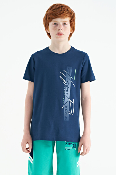 Tommylife Wholesale 7-15 Age Crew Neck Standard Fit Printed Boys' T-Shirt 11119 Indigo - Thumbnail