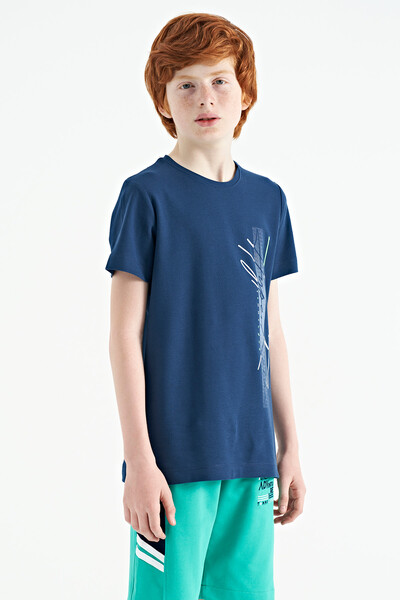 Tommylife Wholesale 7-15 Age Crew Neck Standard Fit Printed Boys' T-Shirt 11119 Indigo - Thumbnail