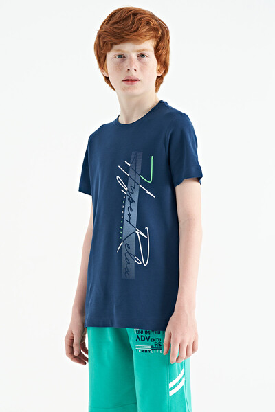 Tommylife Wholesale 7-15 Age Crew Neck Standard Fit Printed Boys' T-Shirt 11119 Indigo - Thumbnail