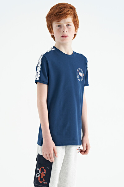 Tommylife Wholesale 7-15 Age Crew Neck Standard Fit Printed Boys' T-Shirt 11121 Indigo - Thumbnail