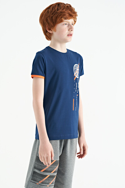 Tommylife Wholesale 7-15 Age Crew Neck Standard Fit Printed Boys' T-Shirt 11131 Indigo - Thumbnail