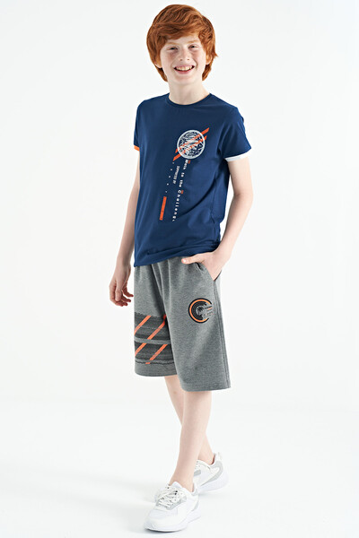 Tommylife Wholesale 7-15 Age Crew Neck Standard Fit Printed Boys' T-Shirt 11131 Indigo - Thumbnail