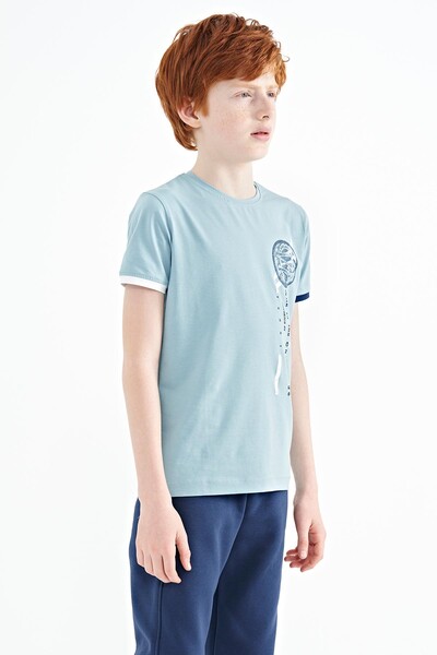 Tommylife Wholesale 7-15 Age Crew Neck Standard Fit Printed Boys' T-Shirt 11131 Light Blue - Thumbnail