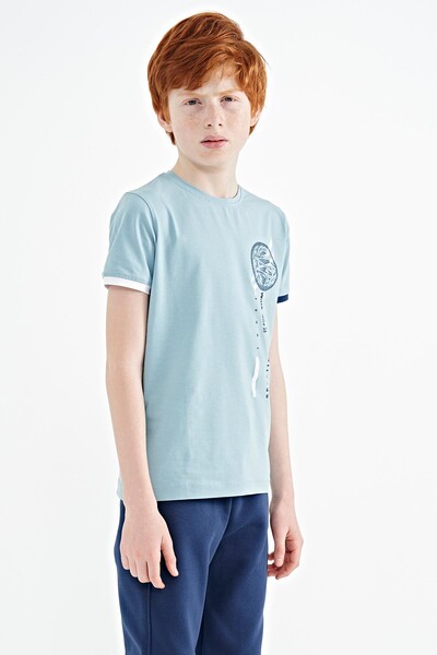 Tommylife Wholesale 7-15 Age Crew Neck Standard Fit Printed Boys' T-Shirt 11131 Light Blue - Thumbnail