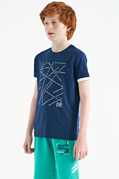 Tommylife Wholesale 7-15 Age Crew Neck Standard Fit Printed Boys' T-Shirt 11132 Indigo - Thumbnail