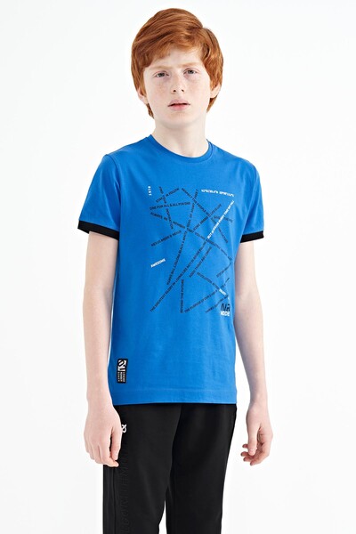 Tommylife Wholesale 7-15 Age Crew Neck Standard Fit Printed Boys' T-Shirt 11132 Saxe - Thumbnail